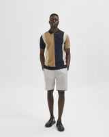 Selected Homme Navy And Beige Colorblock Knit Button Up Short Sleeve Polo
