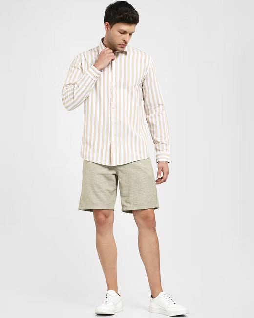 Selected Homme Beige & White Vertical Stripe Long Sleeve Button Up Shirt