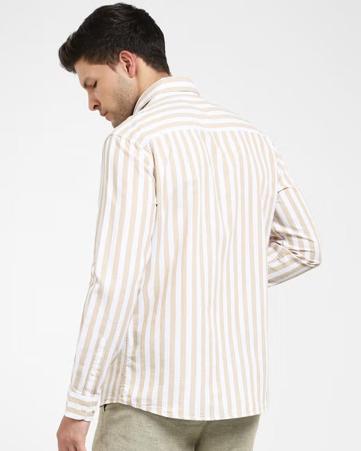 Selected Homme Beige & White Vertical Stripe Long Sleeve Button Up Shirt