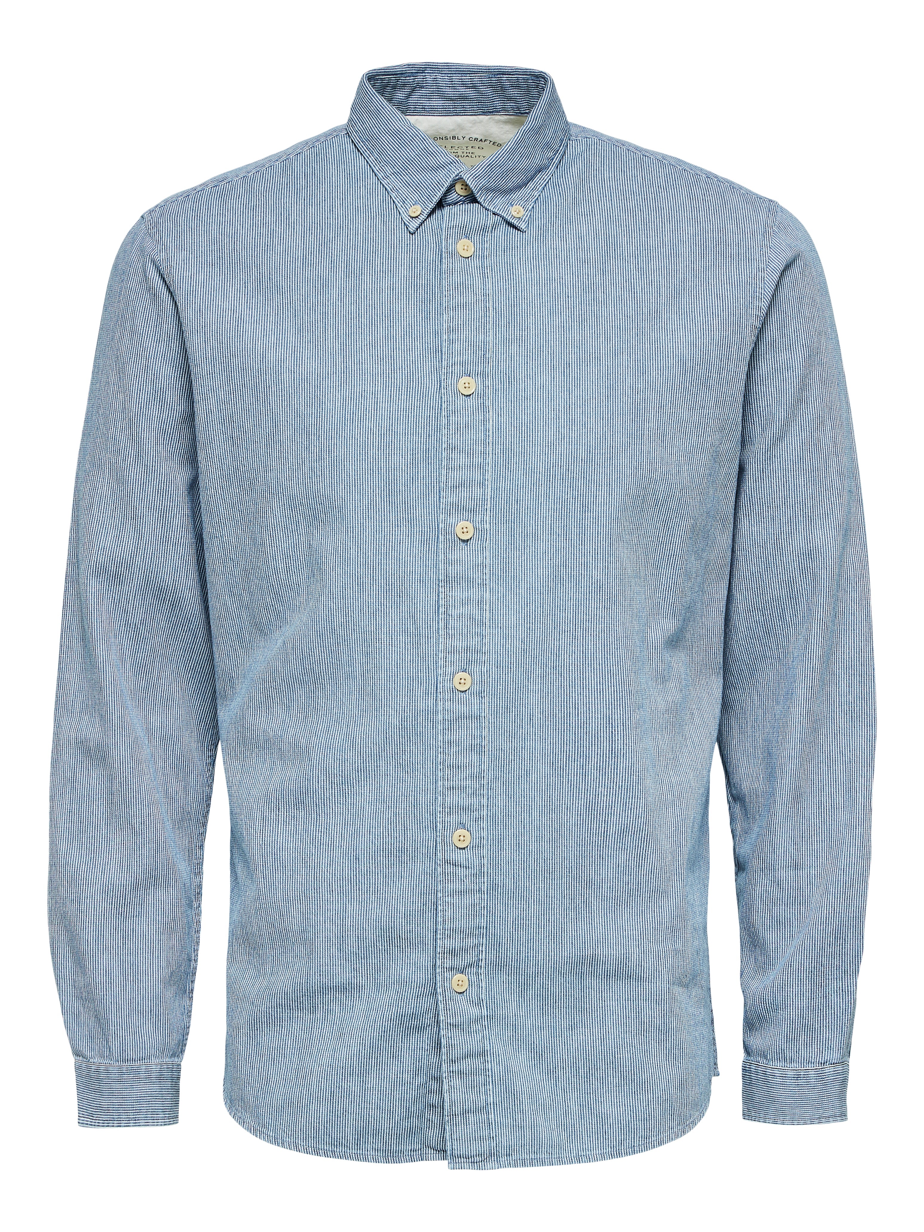 Wholesale,Selected Homme, Selected Homme Blue And White Micro Vertically Striped Long Sleeve Button Up Shirt, Blue, Large-45-TagL