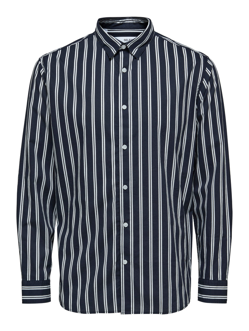 Selected Homme Blue And White Vertical Double Striped Button Up Long Sleeve Shirt