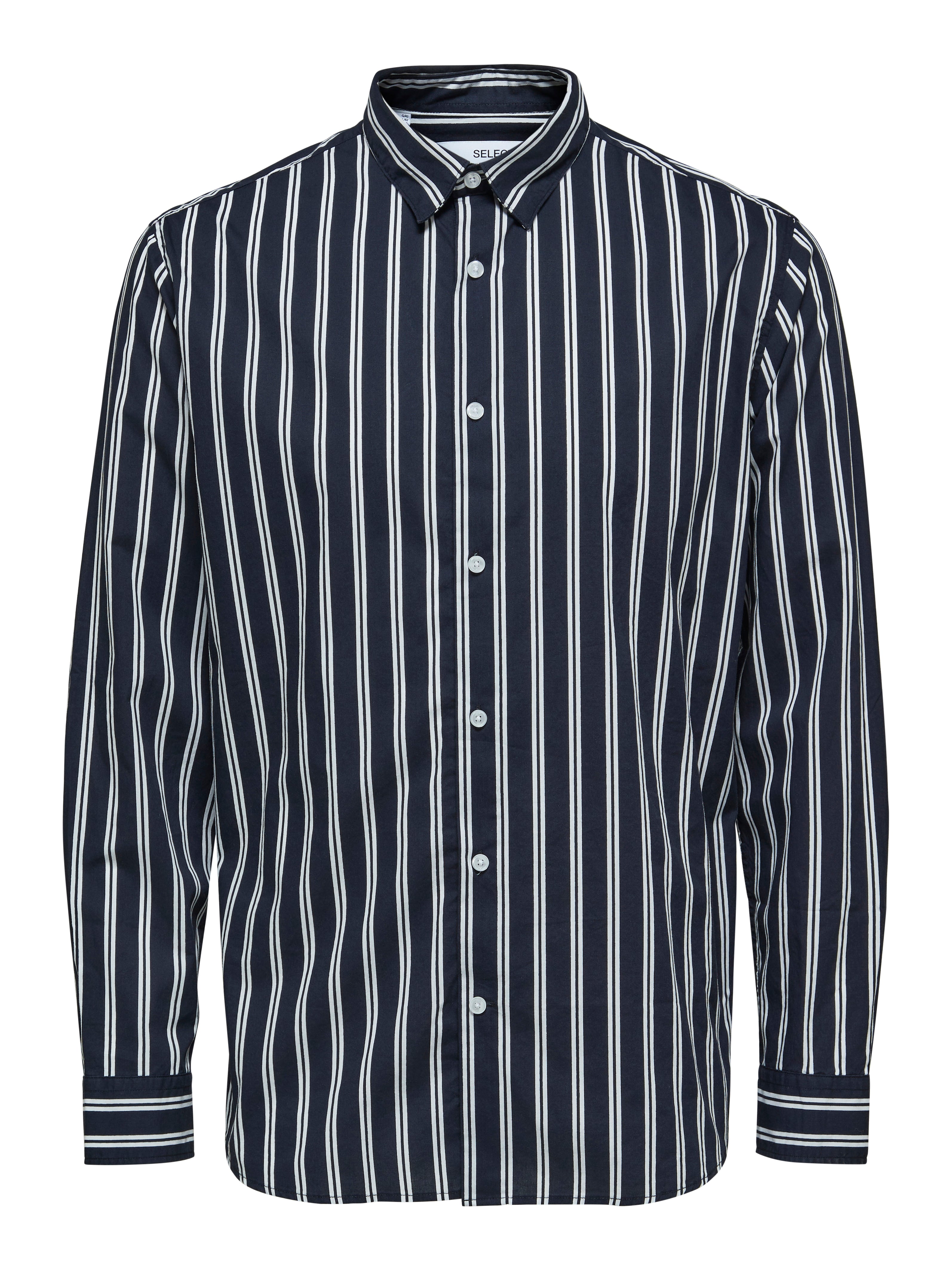 Wholesale,Selected Homme, Selected Homme Blue And White Vertical Double Striped Button Up Long Sleeve Shirt, Blue, Large-46-TagL