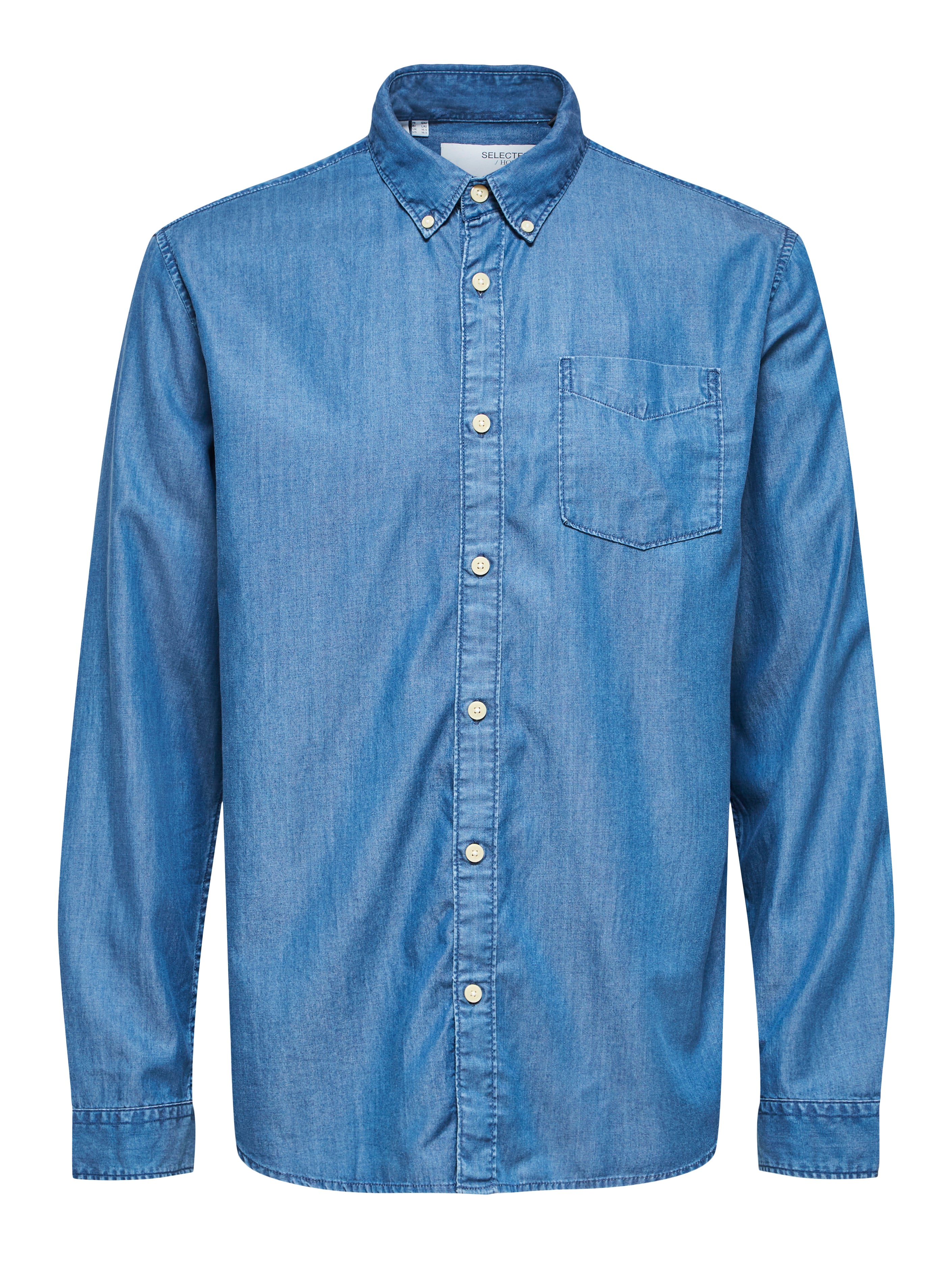 Wholesale,Selected Homme, Selected Homme Blue Medium Wash Chambray Denim Long Sleeve Button Up Shirt With Chest Pocket, Blue, Large-46-TagL
