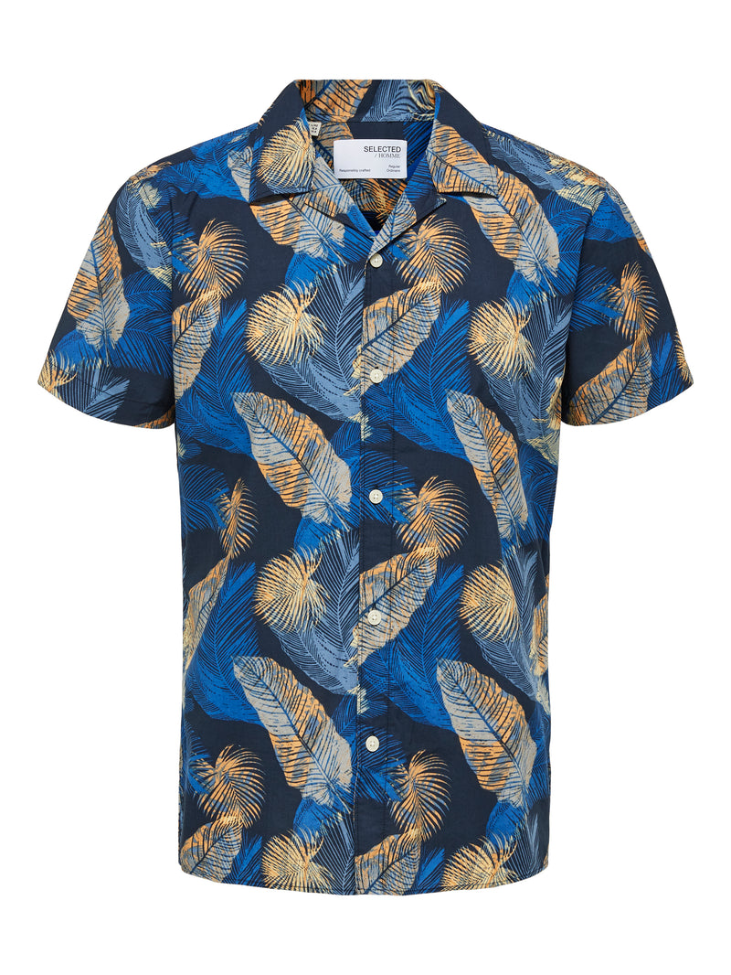Selected Homme Dark Blue Palm Print Camp Collar Shortsleeve Shirt