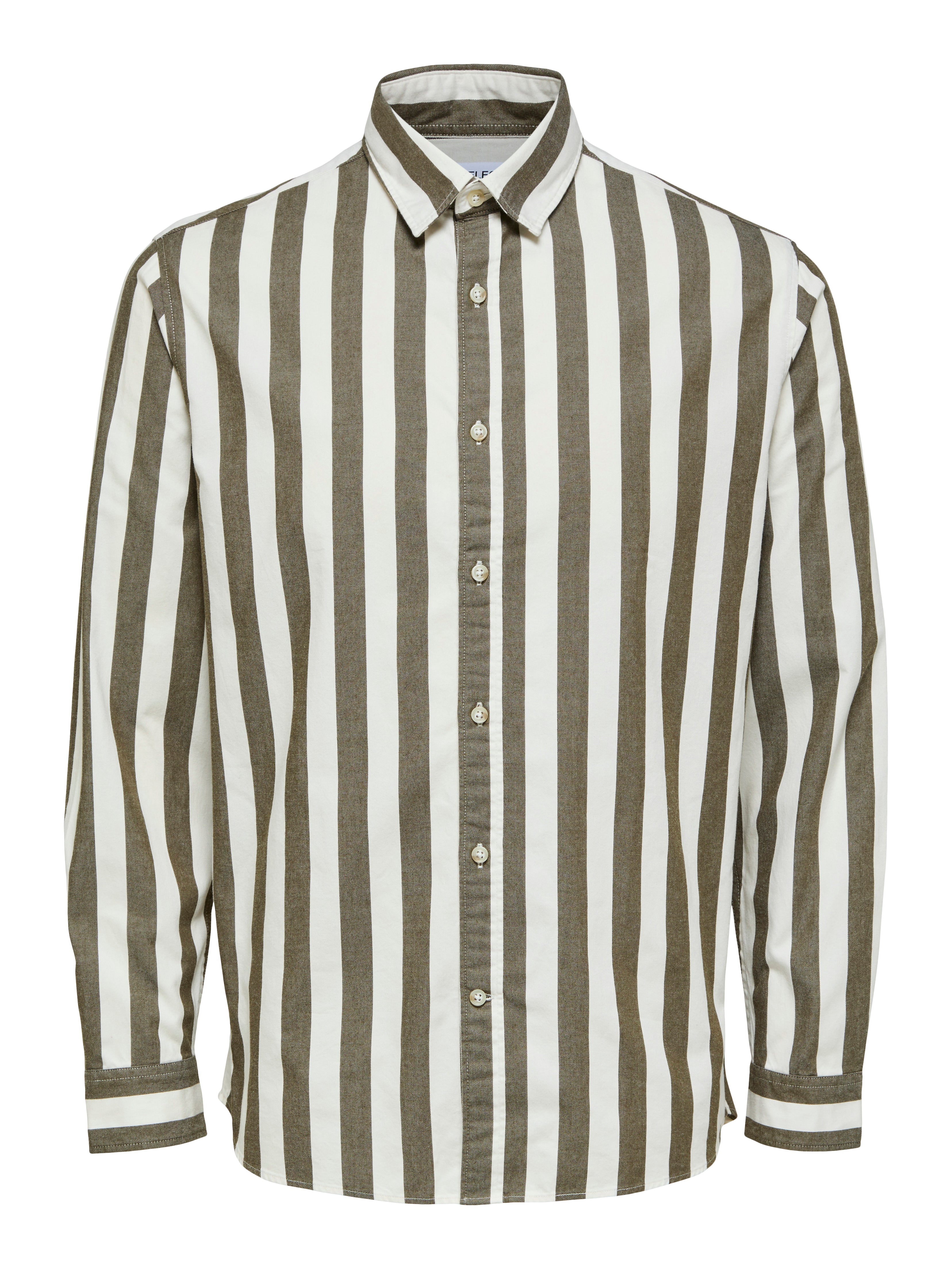 Wholesale,Selected Homme, Selected Homme Dark Olive & White Vertical Stripe Long Sleeve Button Up Shirt, Green, Large-46-TagL