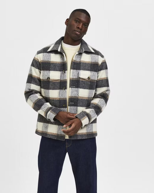 Wholesale,Selected Homme, Selected Homme Grey & Beige Plaid Recycled Wool Shacket, Tan, Large-47-TagL