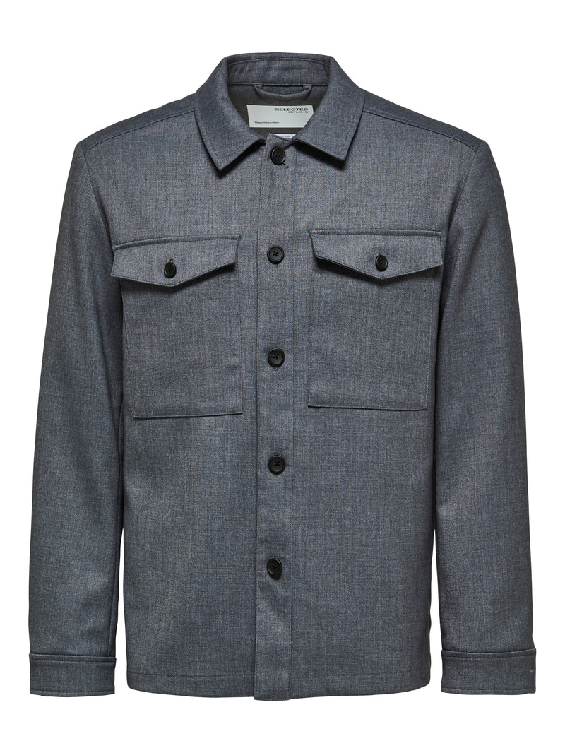 Selected Homme Grey Relaxed Button Up Long Sleeve Shirt Jacket With Two Chest Pockets