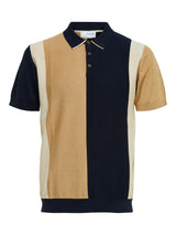 Selected Homme Navy And Beige Colorblock Knit Button Up Short Sleeve Polo