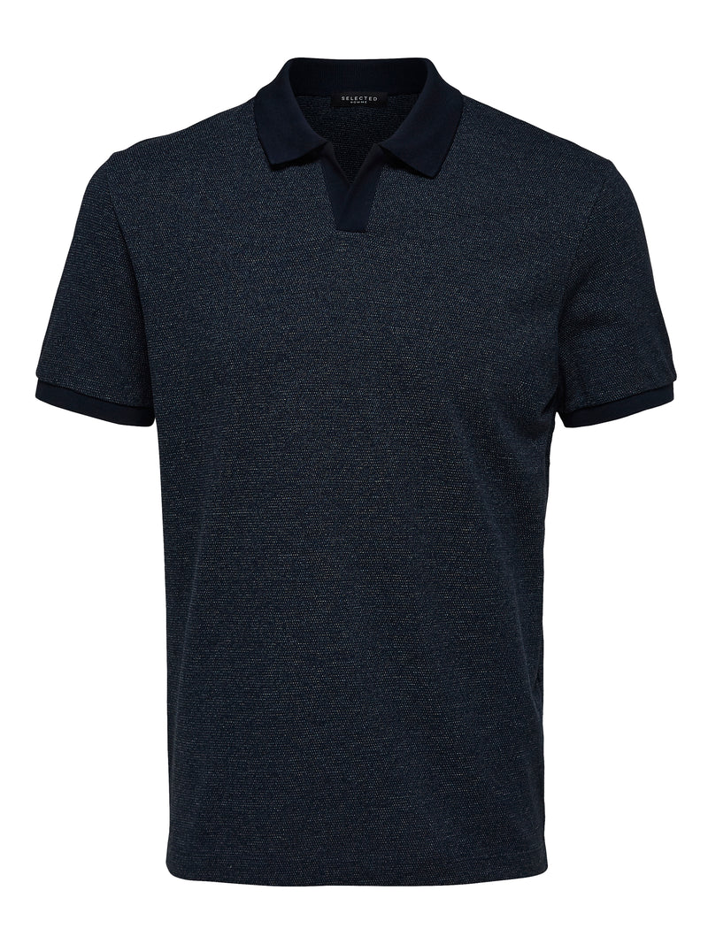 Selected Homme Navy Heathered Pique Knit Buttonless Short Sleeve Polo