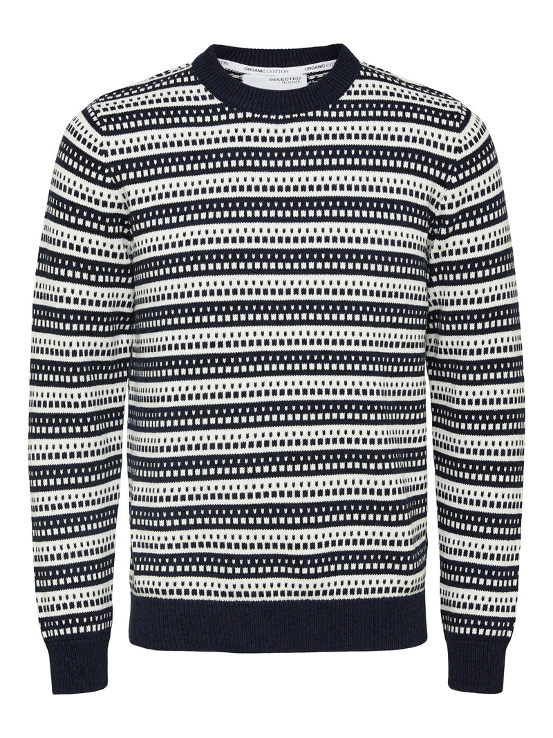 Selected Homme Navy & White Geometric Stripe Print Crewneck Sweater