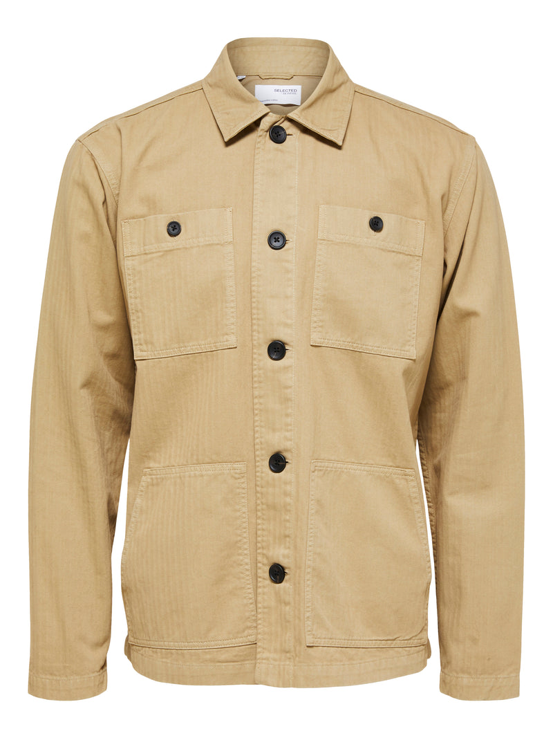 Selected Homme Tan Relaxed Fit Herringbone Twill Overshirt With Four Front Pockets