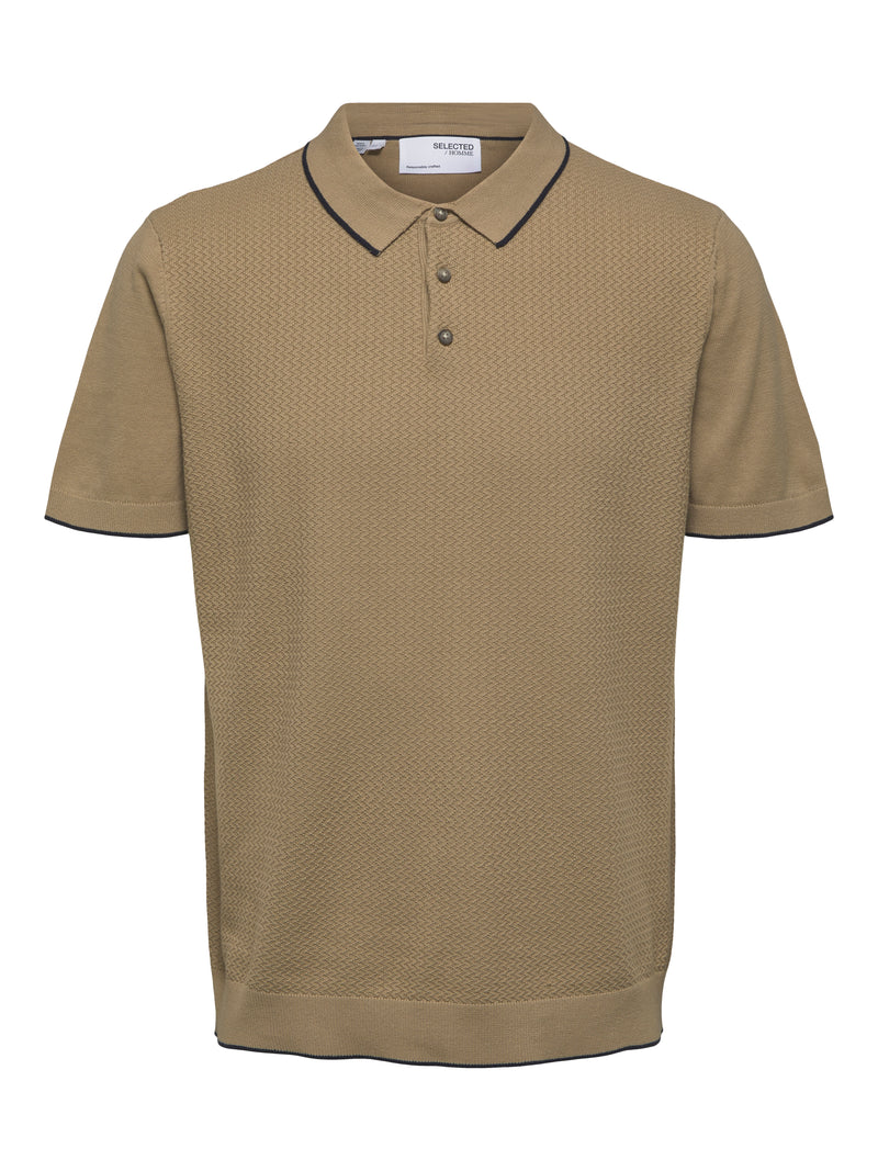 Selected Homme Tan Textured Front Knit Button Up Short Sleeve Polo