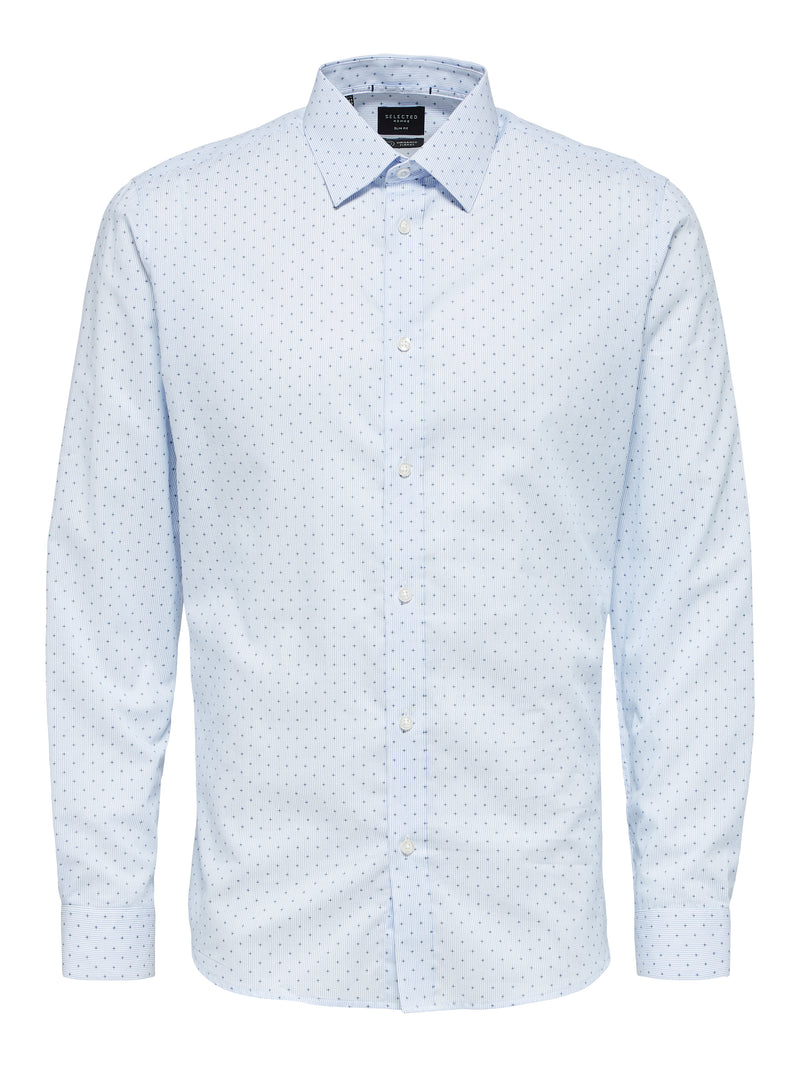 Selected Homme White And Blue Pinstripe With Micro Geometric Diamond Print Slim Fit Long Sleeve Button Up Shirt