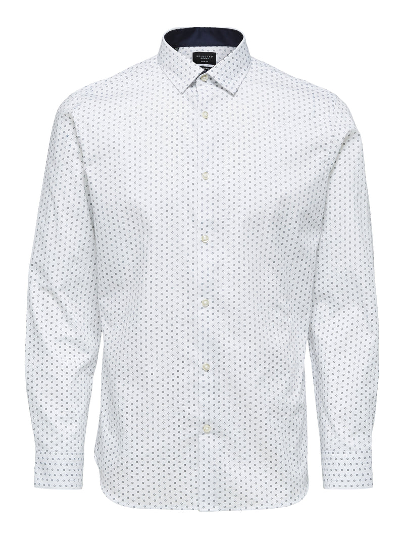 Selected Homme White With Blue Micro Dot Print Slim Fit Long Sleeve Button Up Shirt