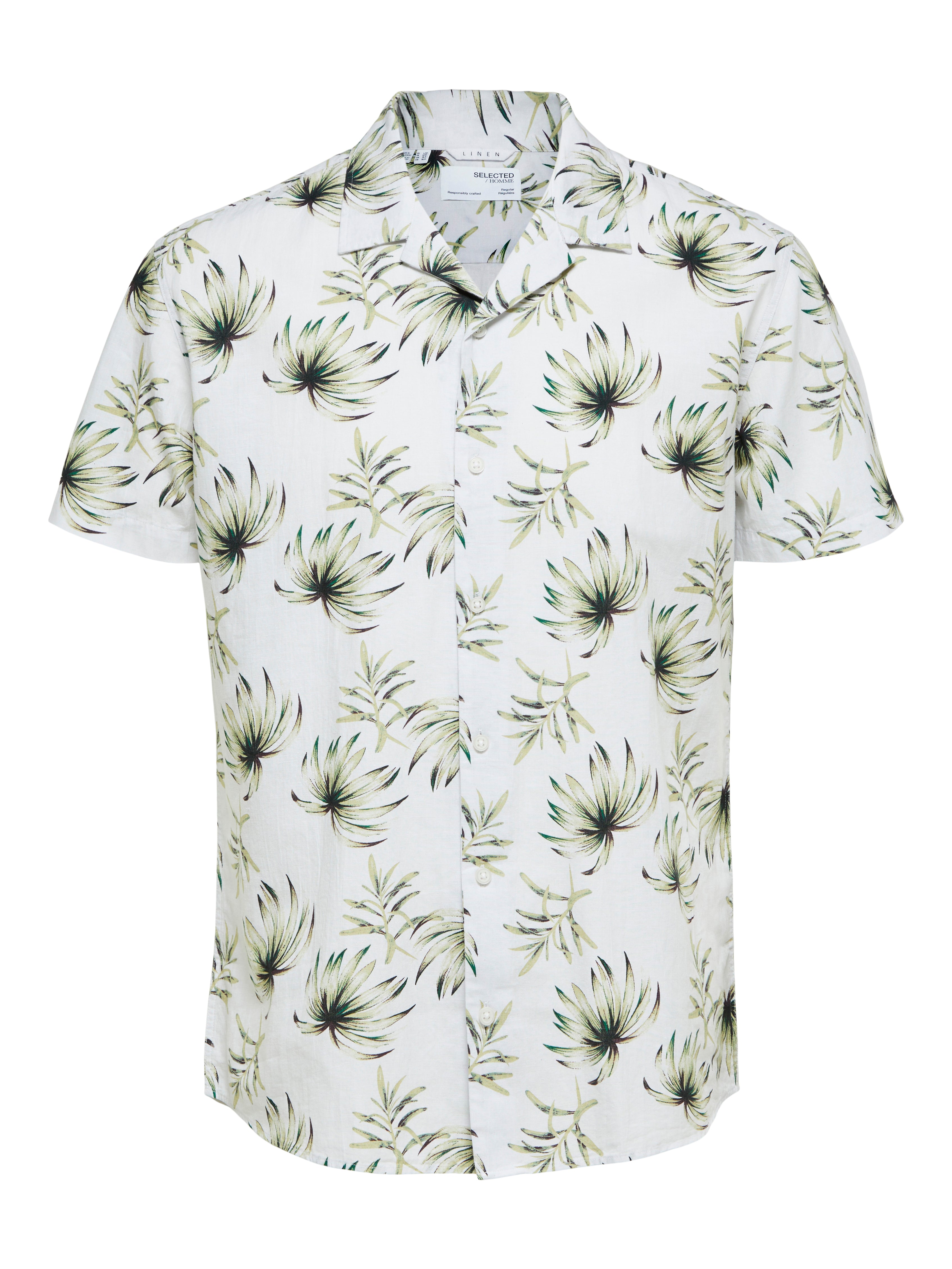 Wholesale,Selected Homme, Selected Homme White With Green Leaf Print Linen Blend Camp Collar Short Sleeve Button Up Shirt, White, Large-46-TagL