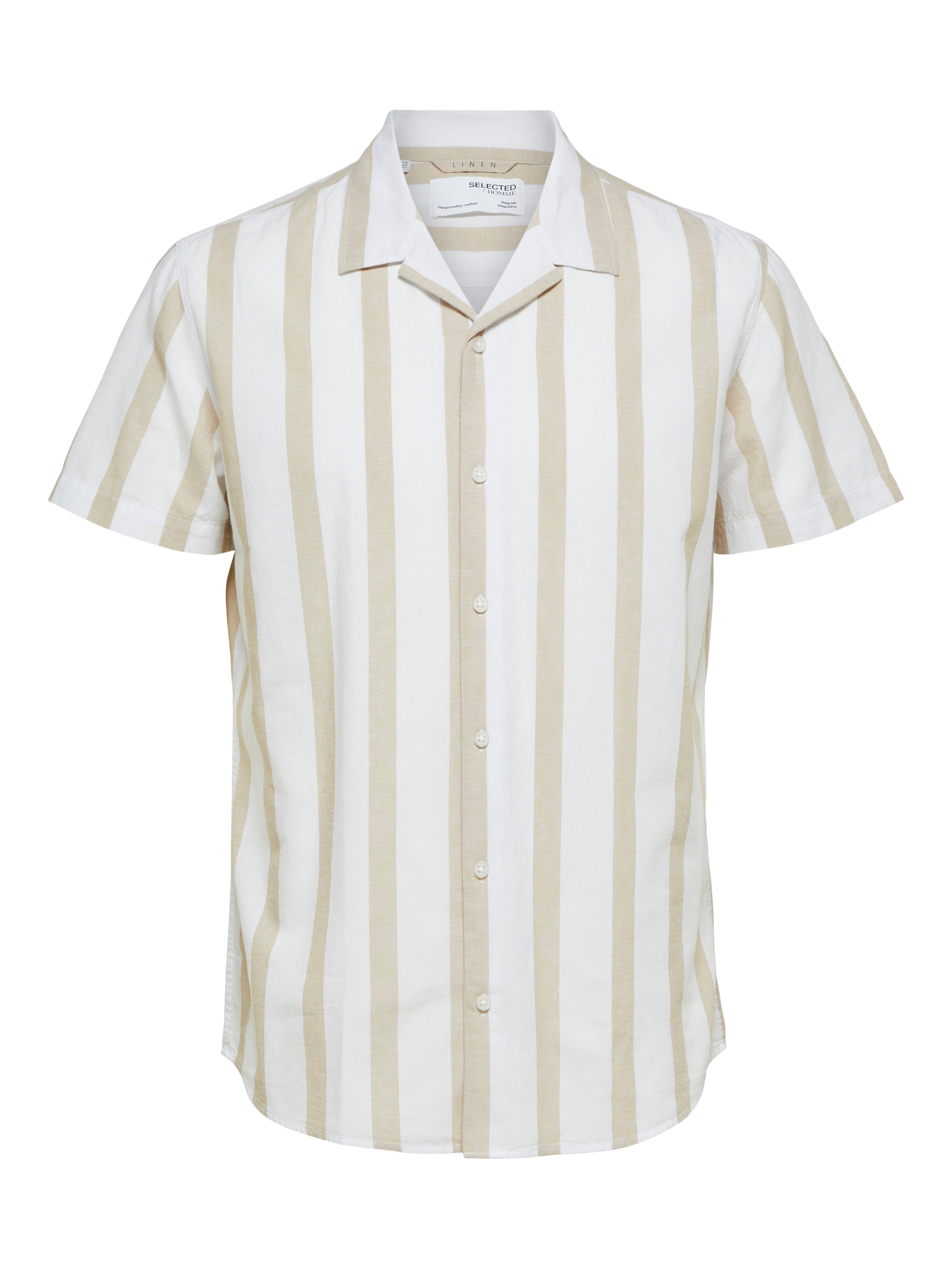 Wholesale,Selected Homme, Selected Homme White With Light Beige Vertical Stripe Linen Blend Camp Collar Short Sleeve Button Up Shirt, Tan, Extra Large-49-TagXLLarge-47-TagLMedium-46-TagM