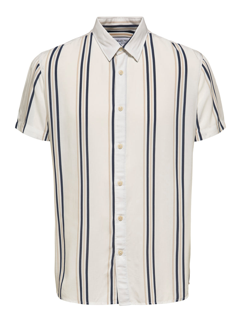 Selected Homme White With Navy And Beige Vertical Double Stripe Short Sleeve Button Up Shirt