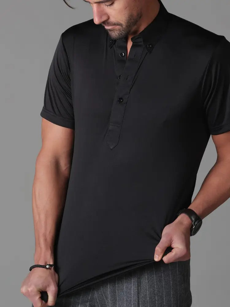 Faire,Collars & Co, Collars & Co Black 4-Way Stretch Short Sleeve Button Down Polo With Stiff Collar, Black, Medium-40-TagS