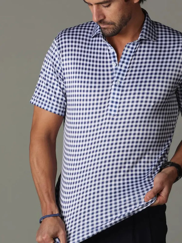 Collars & Co Navy And Purple Gingham Print 4-Way Stretch Short Sleeve Button Down Polo