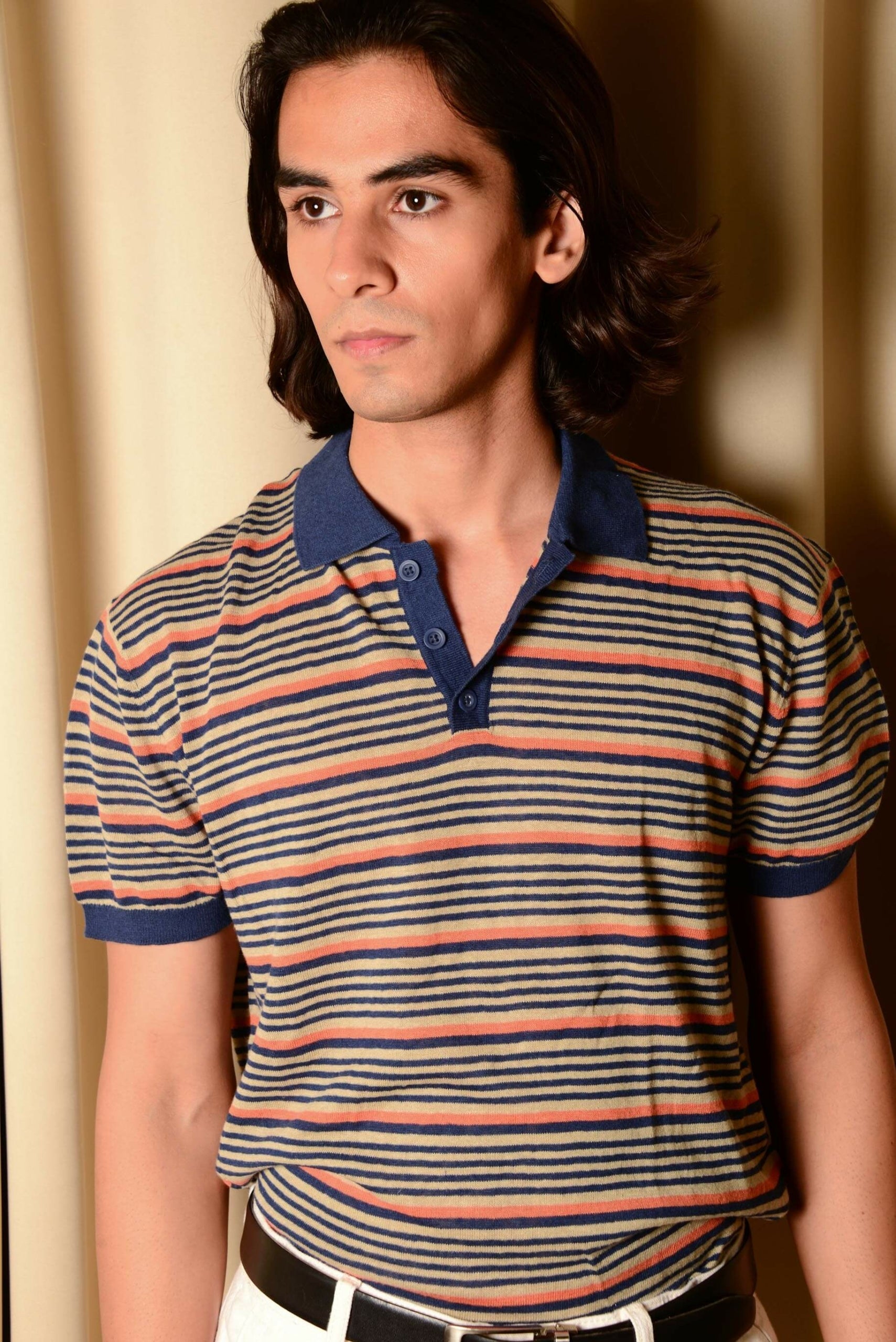 Brand Partner,Sons+Fathers, Sons + Fathers Beige & Orange Horizontal Stripe With Blue Contrast Collar Linen Blend Knit Shortsleeve Polo, Tan, Large-44-TagL
