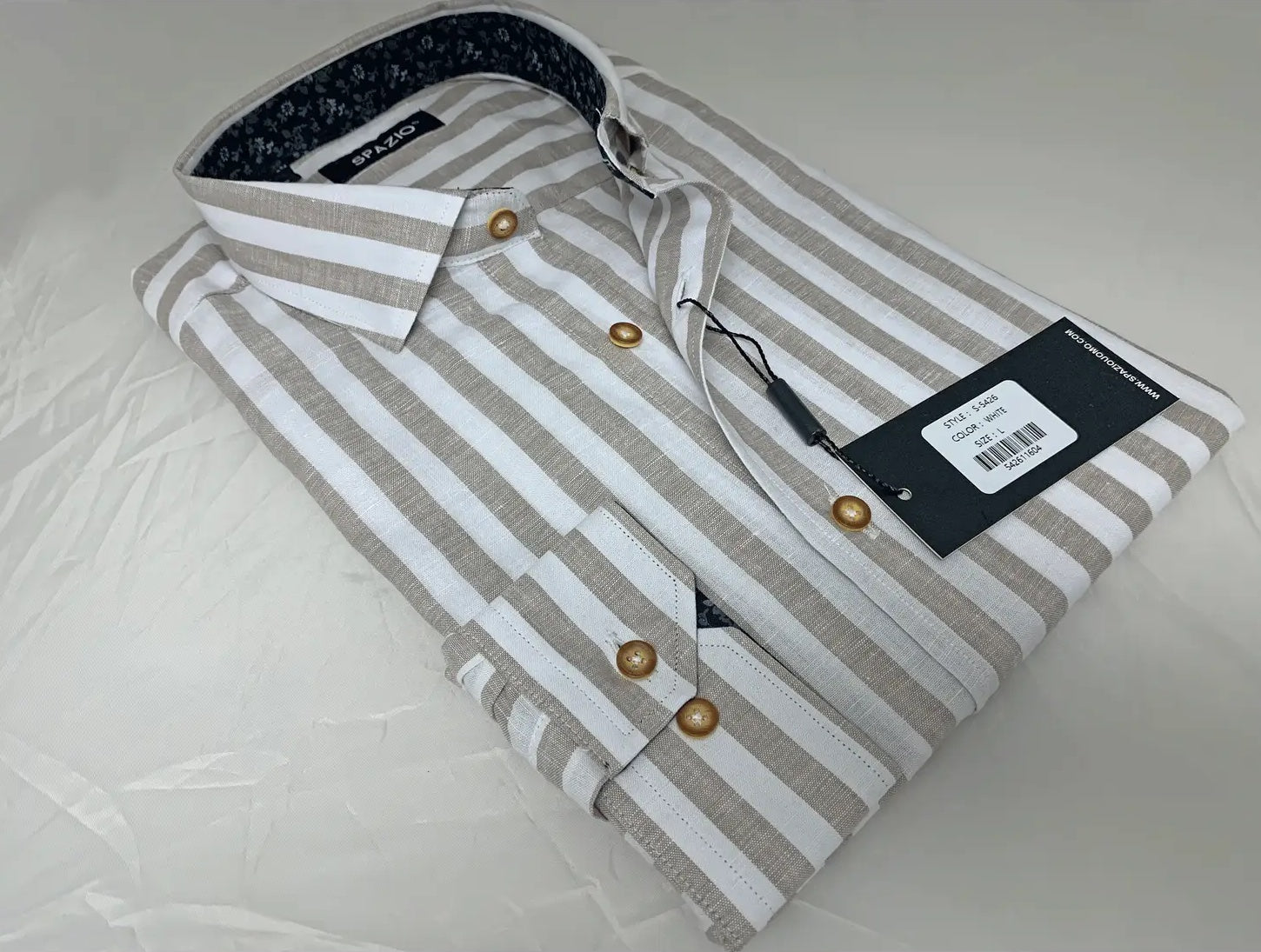 Faire,Spazio, Spazio White & Beige Thick Vertical Stripe Linen Long Sleeve Button Up Shirt, White, Large-47-TagXLLarge-45-TagLMedium-43-TagMExtra Large-49-TagXXLSmall-41-TagS