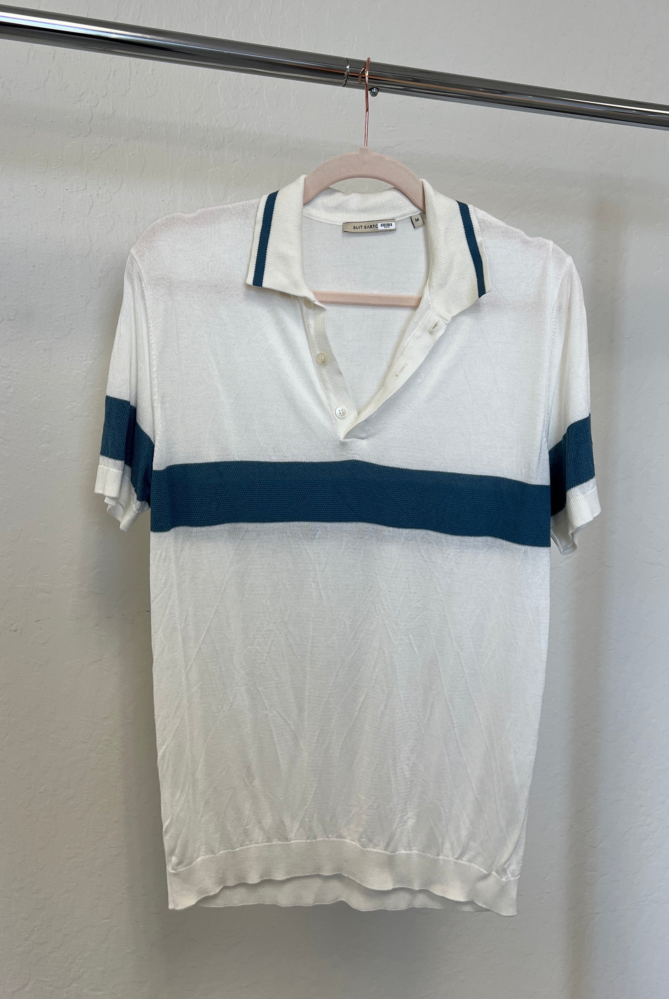 Wholesale,Suit Sartoria, Suit Sartoria White With Light Blue Stripe Button Up Knit Short Sleeve Polo, White, Extra Large-48-TagXXLLarge-44-TagLMedium-42-TagMMedium-40-TagXLSmall-40-TagS