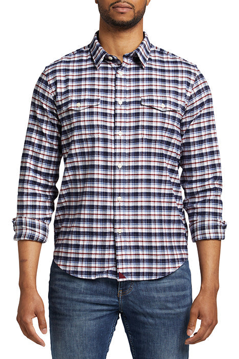 UNTUCKit Navy Red White Plaid Print Flannel Long Sleeve Button Up