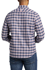 UNTUCKit Navy Red White Plaid Print Flannel Long Sleeve Button Up