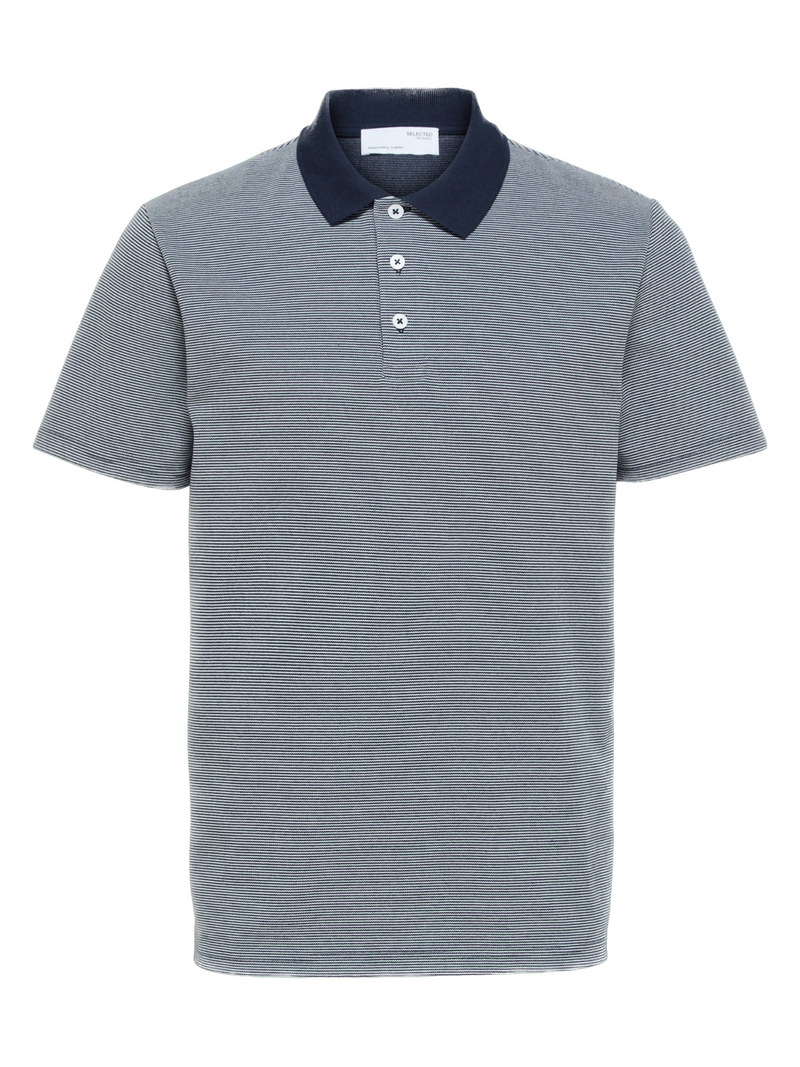 Selected Homme Navy Micro Stripe Knit Shortsleeve Polo With Contrast Collar