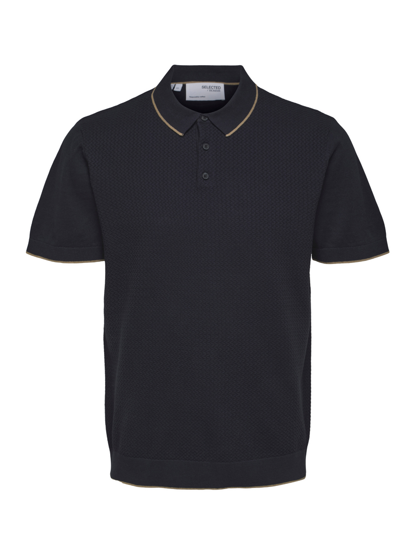 Selected Homme Navy Textured Front Knit Button Up Short Sleeve Polo