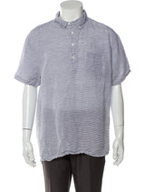 Onia Blue Micro Horizontal Stripe Linen Quarter Button Up Short Sleeve Shirt