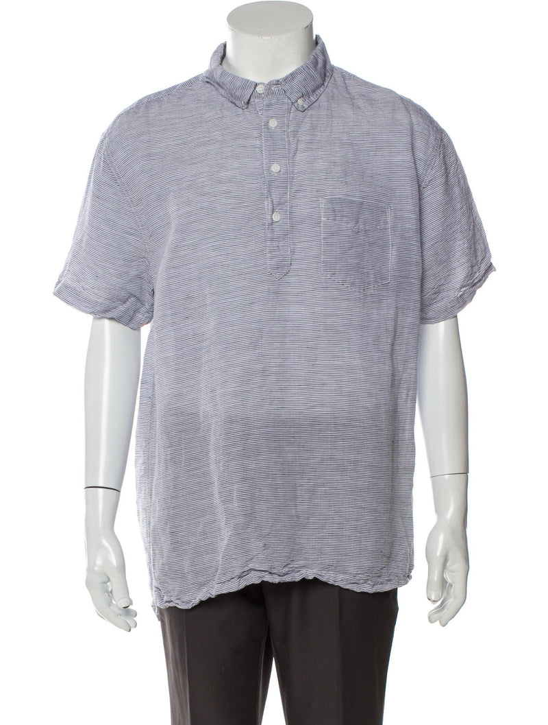 Onia Blue Micro Horizontal Stripe Linen Quarter Button Up Short Sleeve Shirt