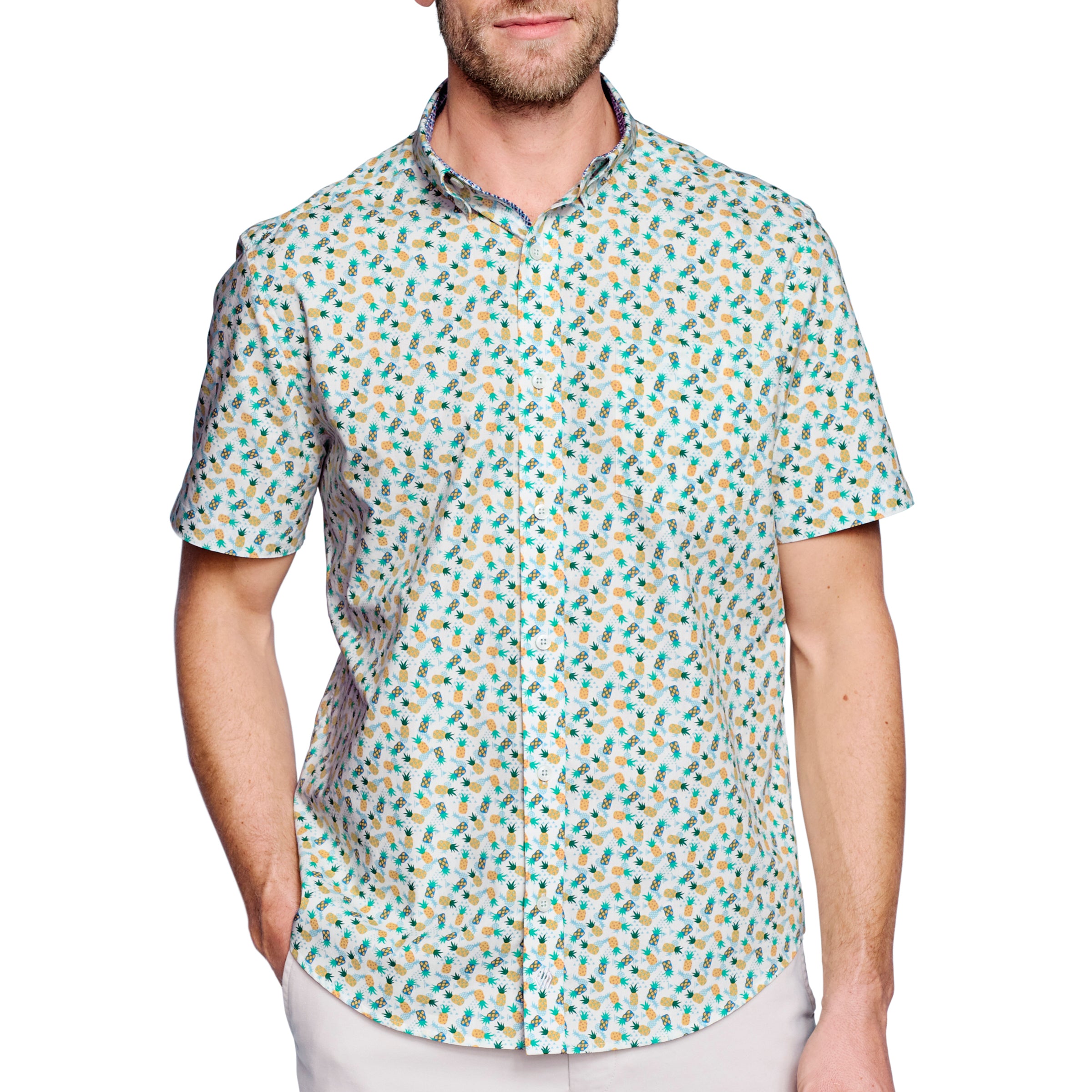 Wholesale,Johnston & Murphy, Johnston & Murphy Green & White Pineapple Print Short Sleeve Button Up Shirt, Yellow, Large-47-TagL