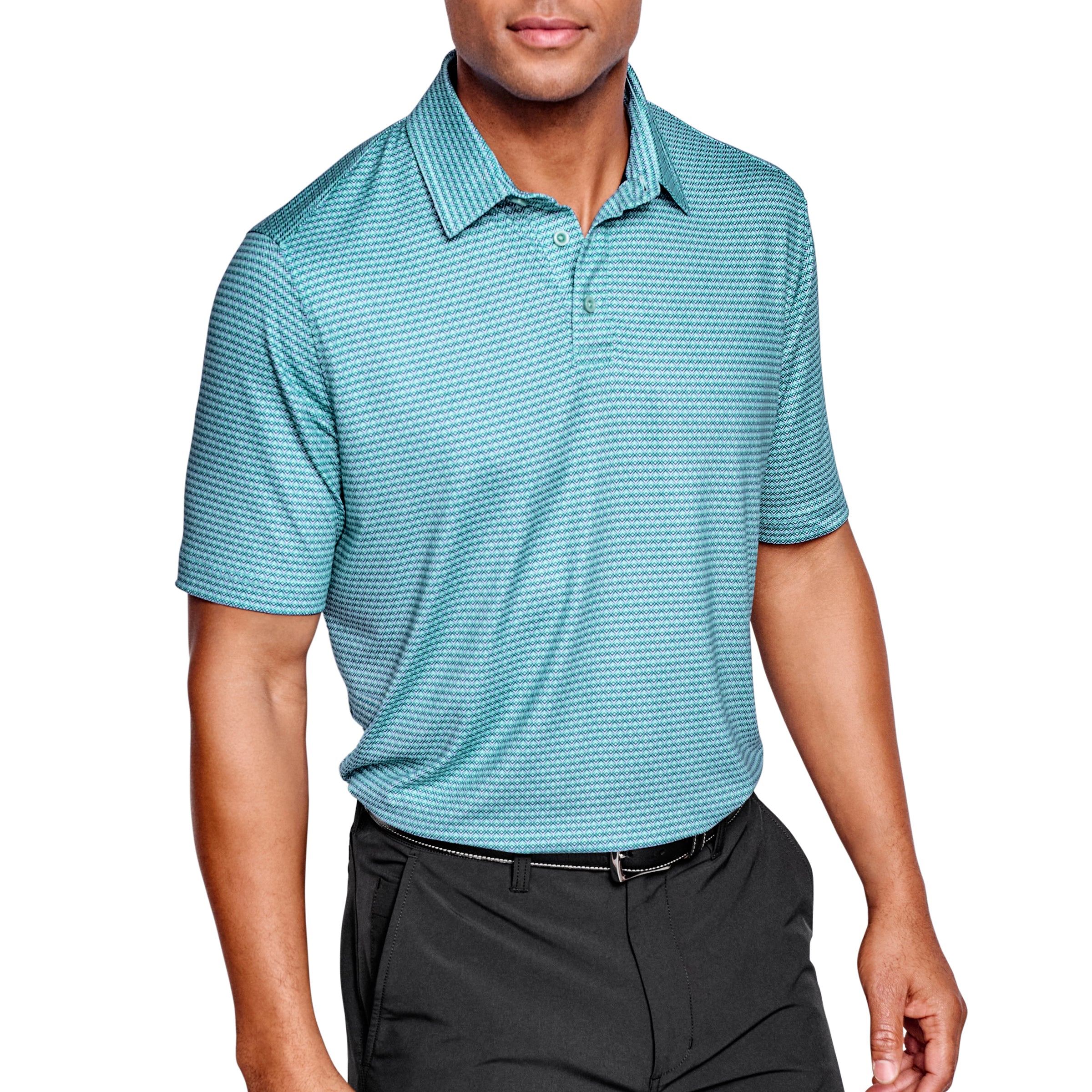 Wholesale,Johnston & Murphy, Johnston & Murphy Aqua Green Geo Print XC4 Short Sleeve Golf Polo, Green, Large-45-TagL