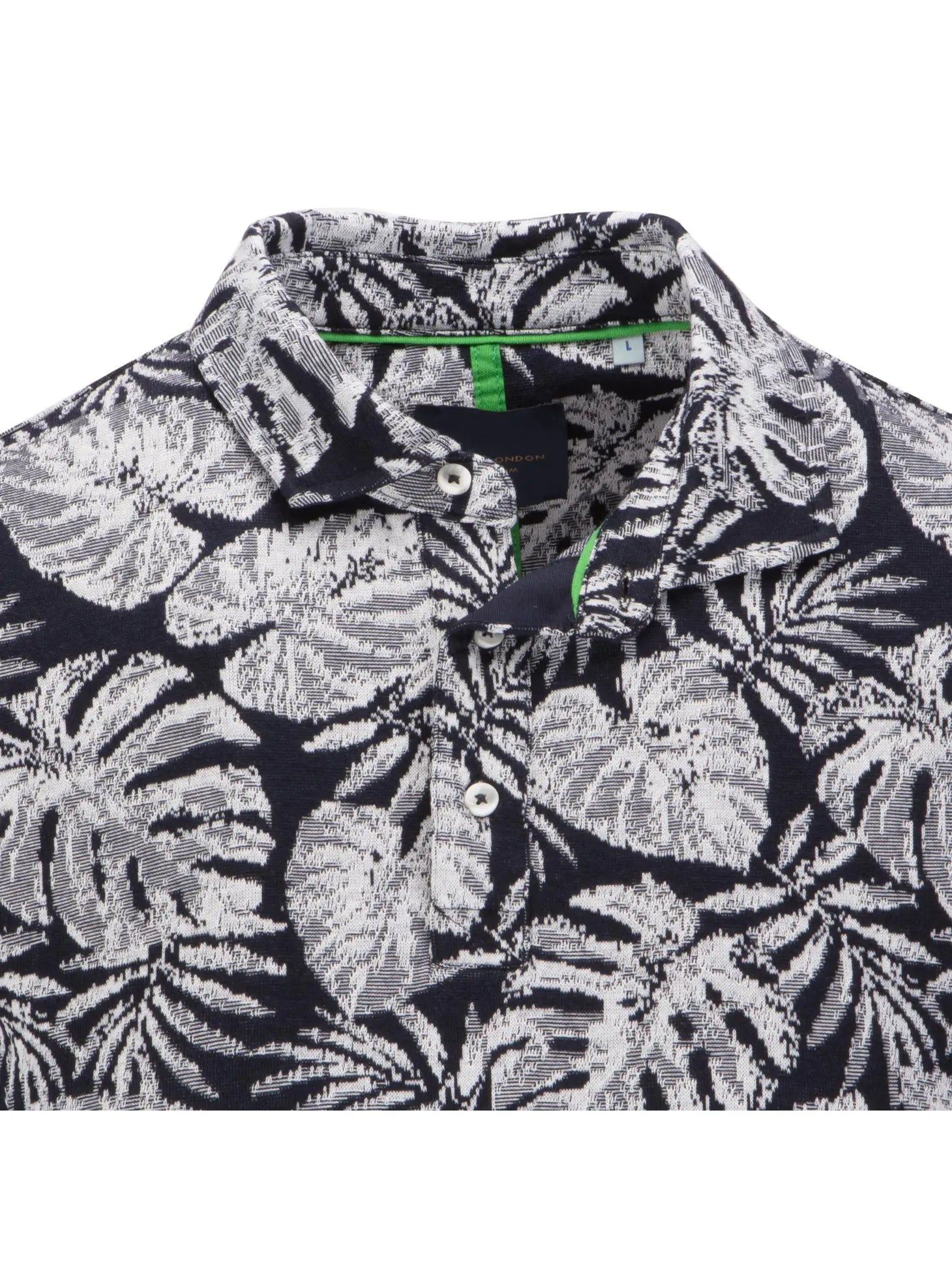 Faire,Guide London, Guide London Navy Tropical Leaf Print Jacquard Short Sleeve Polo, Blue, Large-44-TagXXLExtra Large-45-TagXLMedium-42-TagXLLarge-43-TagXLSmall-40-TagSExtra Large-46-TagXXXL