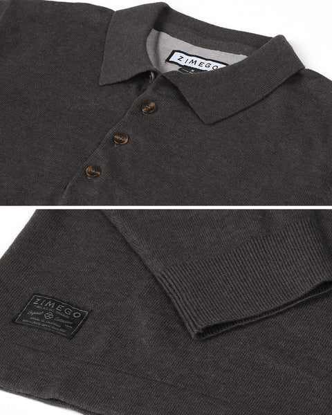 Faire,Zimego, Zimego Charcoal Qtr Button Long Sleeve Polo, Grey, Large-45-TagL