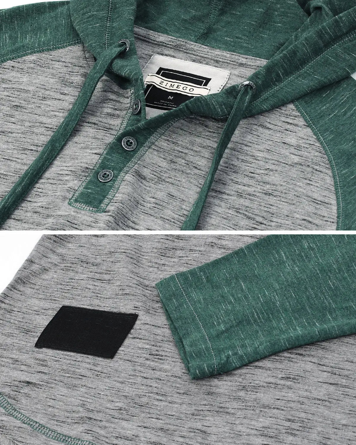 Faire,Zimego, Zimego Grey/Green Heathered Raglan Henley Hoodie, Grey, Medium-41-TagM