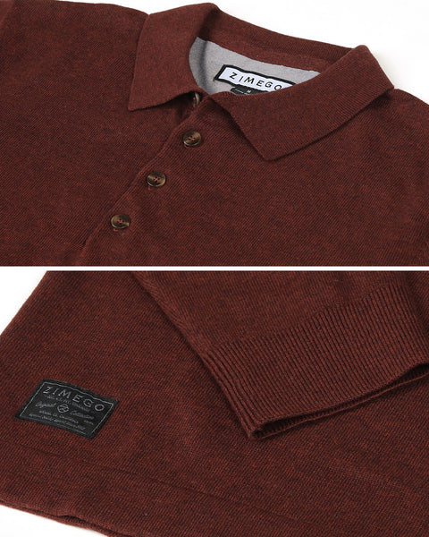 Faire,Zimego, Zimego Maroon Qtr Button Long Sleeve Polo, Red, Small-38-TagS