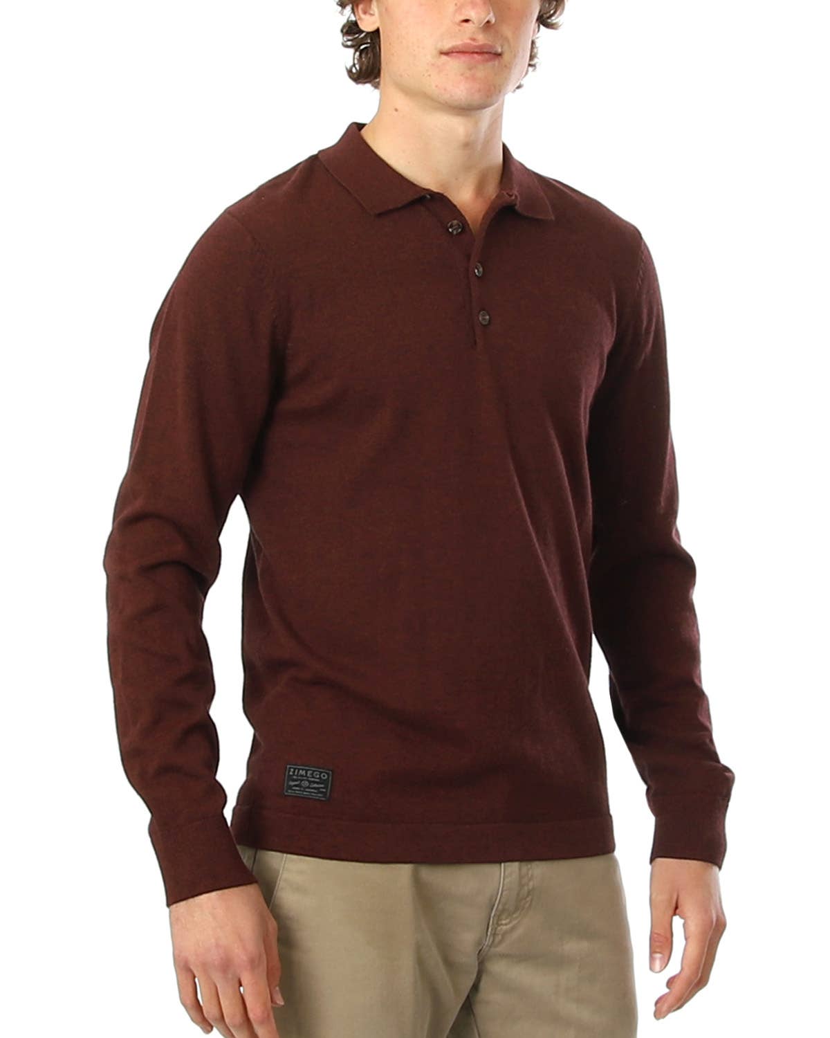 Faire,Zimego, Zimego Maroon Qtr Button Long Sleeve Polo, Red, Small-38-TagS