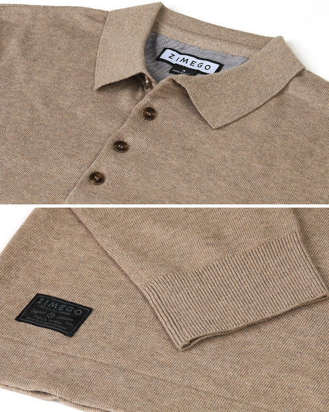 Faire,Zimego, Zimego Tan Button Qtr Button Long Sleeve Polo, Tan, Large-45-TagL