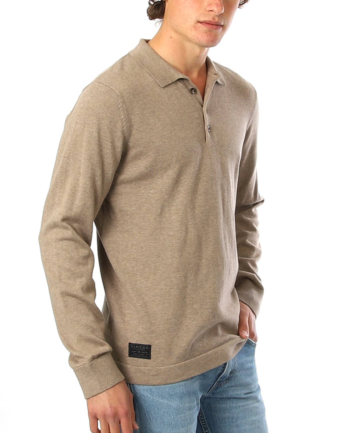 Faire,Zimego, Zimego Tan Button Qtr Button Long Sleeve Polo, Tan, Large-45-TagL