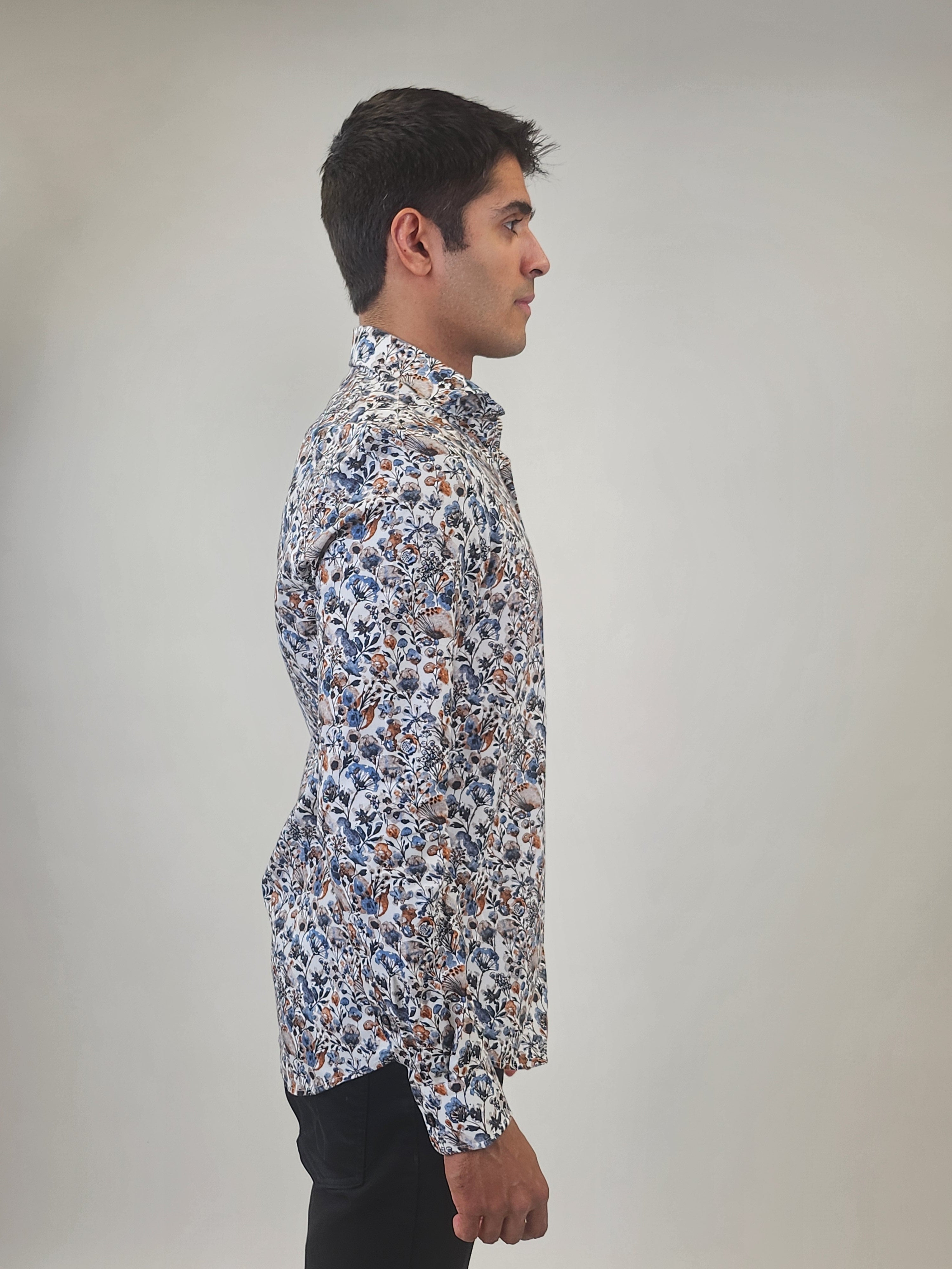 Brand Partner,R2 Amsterdam, R2 Amsterdam White/Blue Floral Watercolor Paint Cotton Shirt, White, Small-41-Tag39