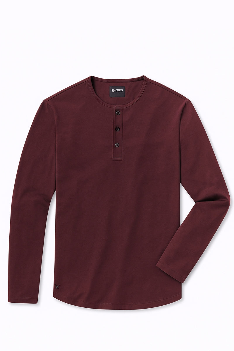 Wholesale,CUTS, CUTS Deep Cranberry Curve-Hem Buttery Soft Henley, Red, Small-39-TagSMedium-41-TagMLarge-43-TagLExtra Large-45-TagXL