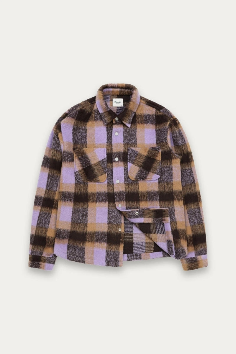 Wholesale,Kuwalla, Kuwalla Purple/Tan Plaid Snap Soft Faux Mohair Shacket, Purple, Small-43-TagSMedium-45-TagMLarge-47-TagLExtra Large-49-TagXL