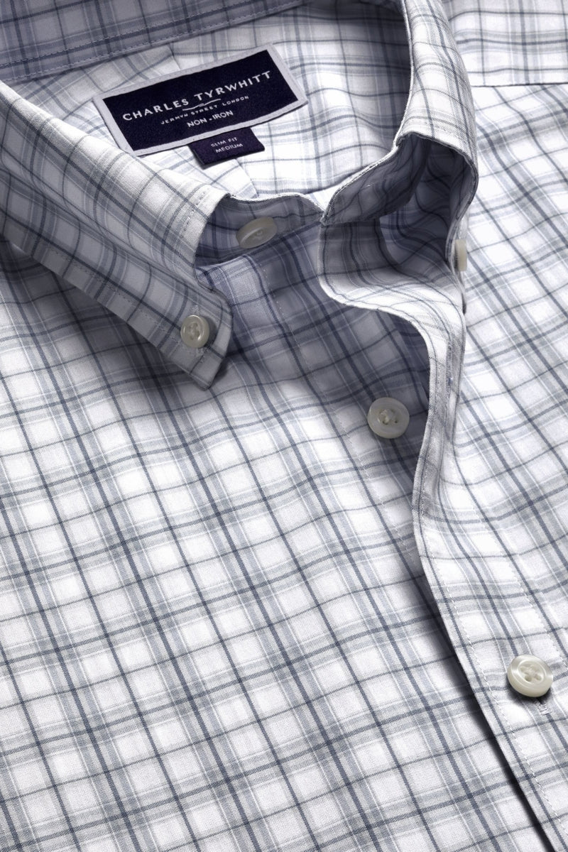 Wholesale,Charles Tyrwhitt, Charles Tyrwhitt Silver Grey Poplin Check Stretch Shirt, Grey, Large-45-TagL
