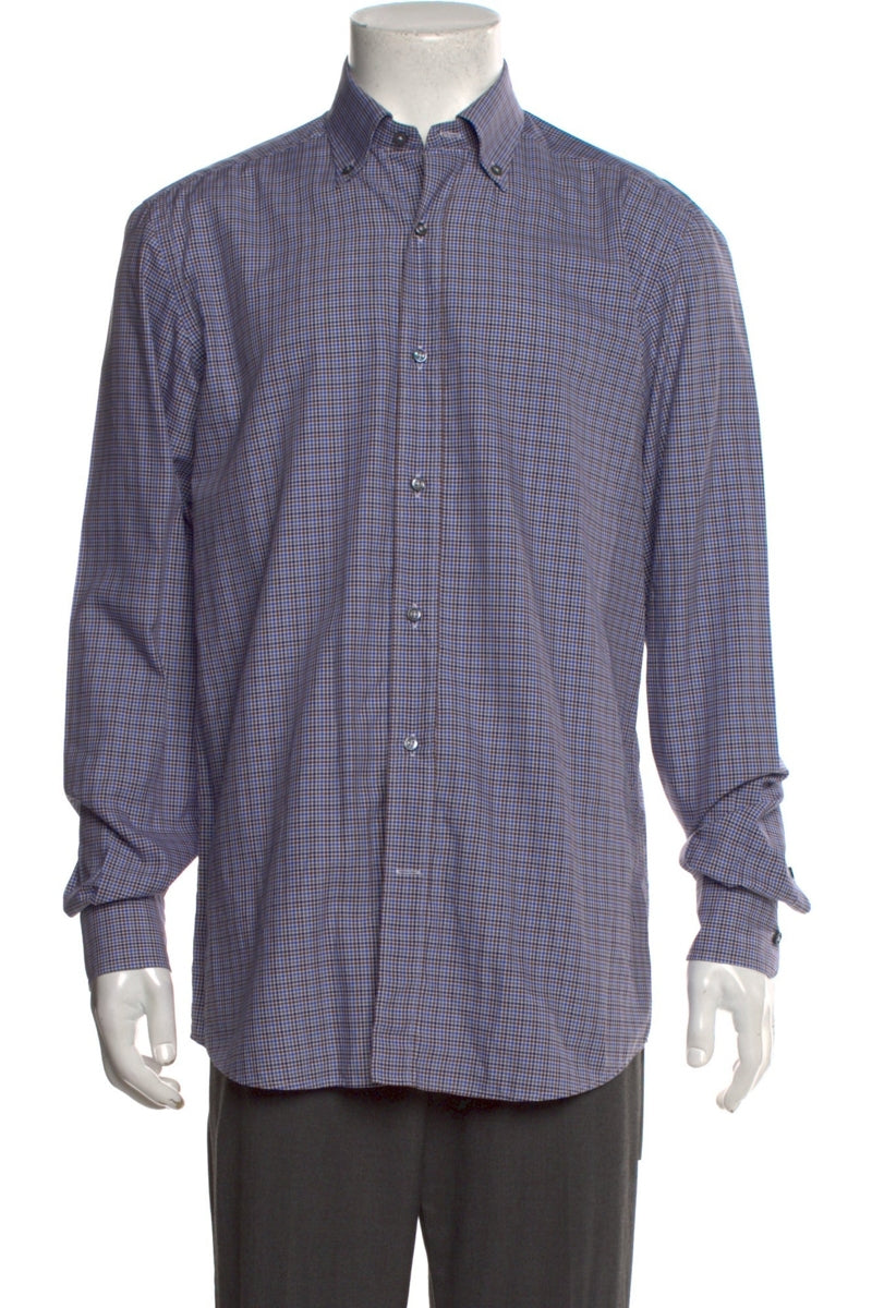 RealReal,Bergdorf Goodman, Bergdorf Goodman Blue/Brown Plaid Print Long Sleeve Dress Shirt, Blue, Medium-44-TagM