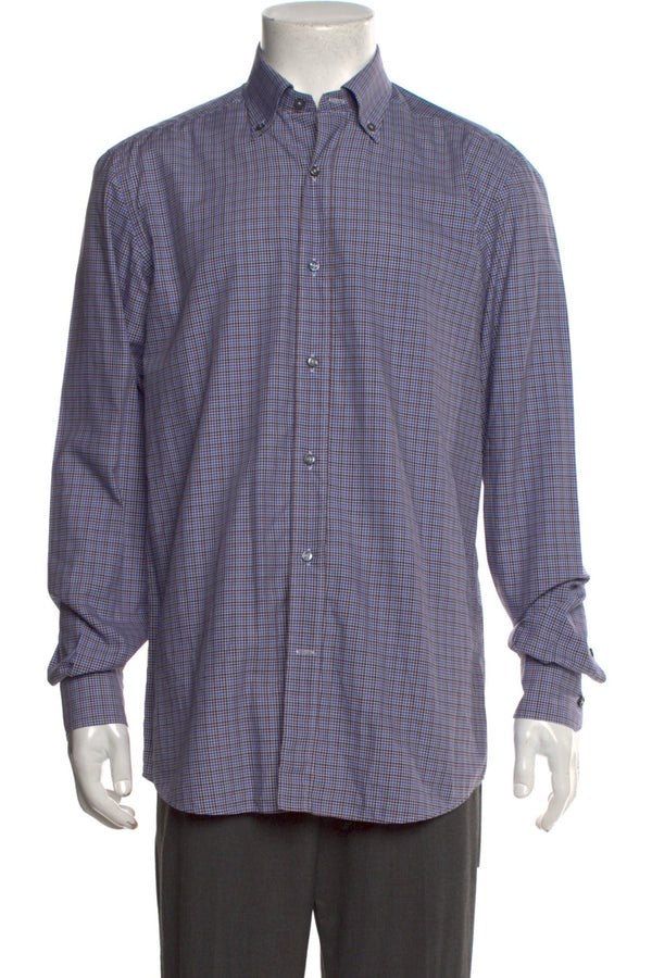 Bergdorf Goodman Blue/Brown Plaid Print Long Sleeve Dress Shirt