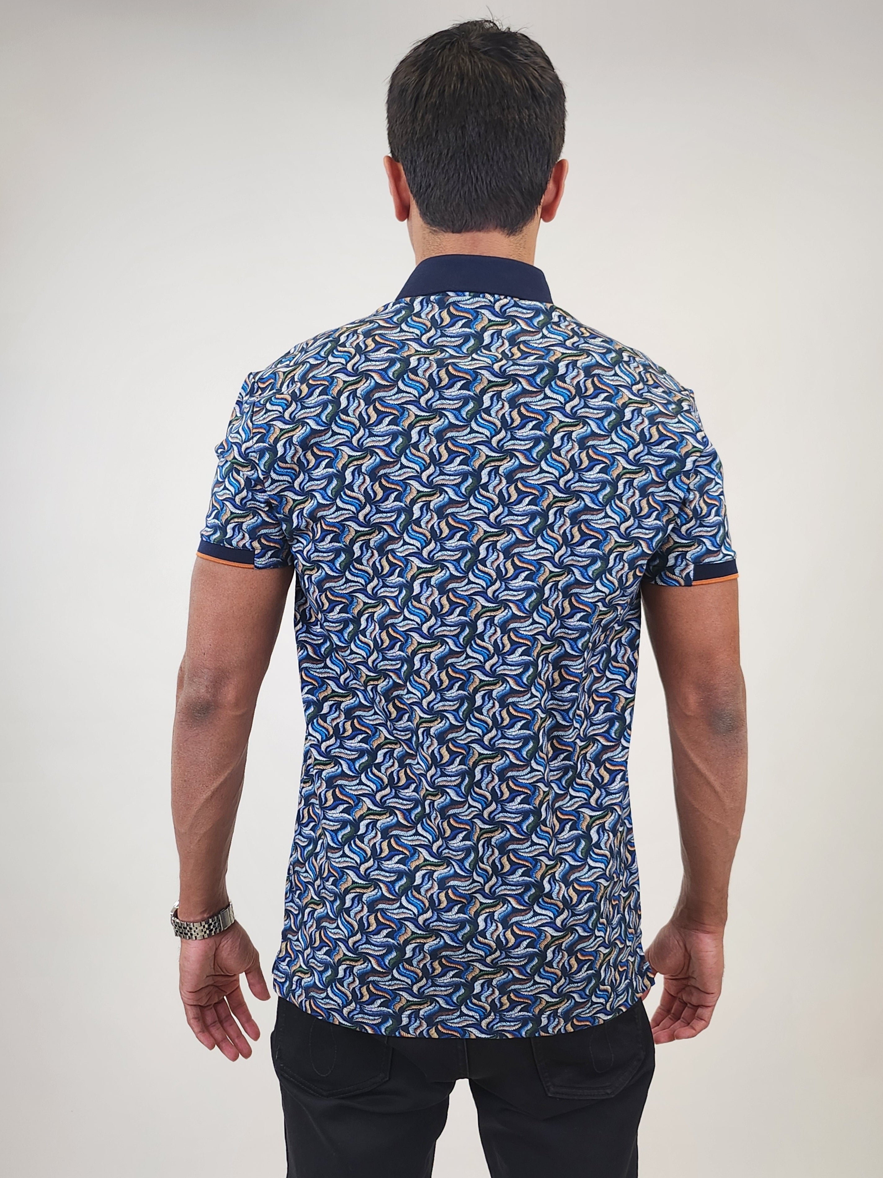 Brand Partner,R2 Amsterdam, R2 Amsterdam Blue Fern Leaf Print Pique Polo, Blue, Large-42-TagL