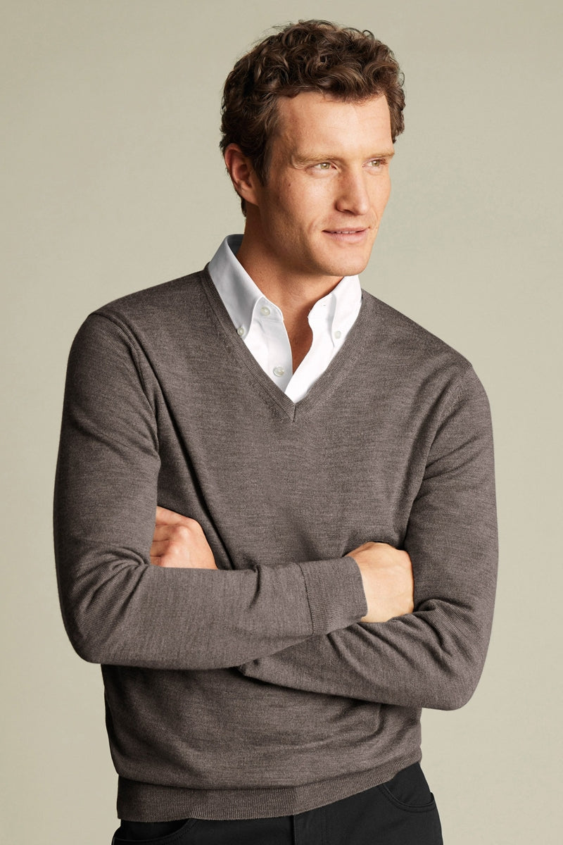 Wholesale,Charles Tyrwhitt, Charles Tyrwhitt Mocha Pure Merino Wool V-Neck Sweater, Brown, Large-45-TagL