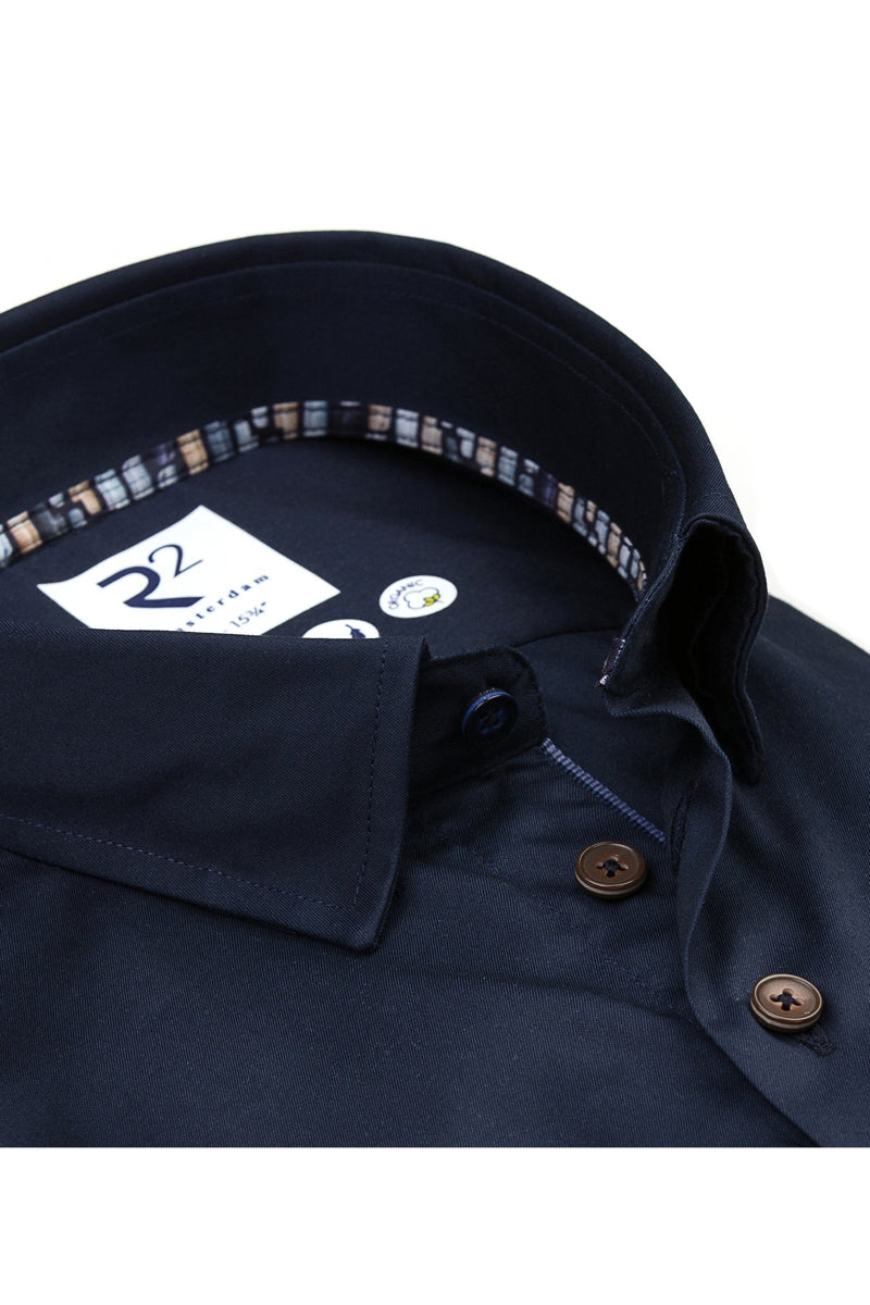 Direct From Brand,R2 Amsterdam, R2 Amsterdam Navy 2 Ply Organic Cotton Shirt, Blue, Small-42-Tag40